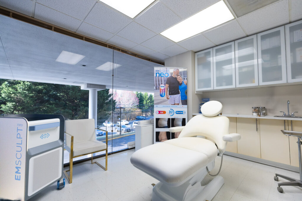 The view from the Faulkner Plastic Surgery & Aesthetics treatment room as a patient walks in for their gynecomastia treatment near Bethesda, MD.